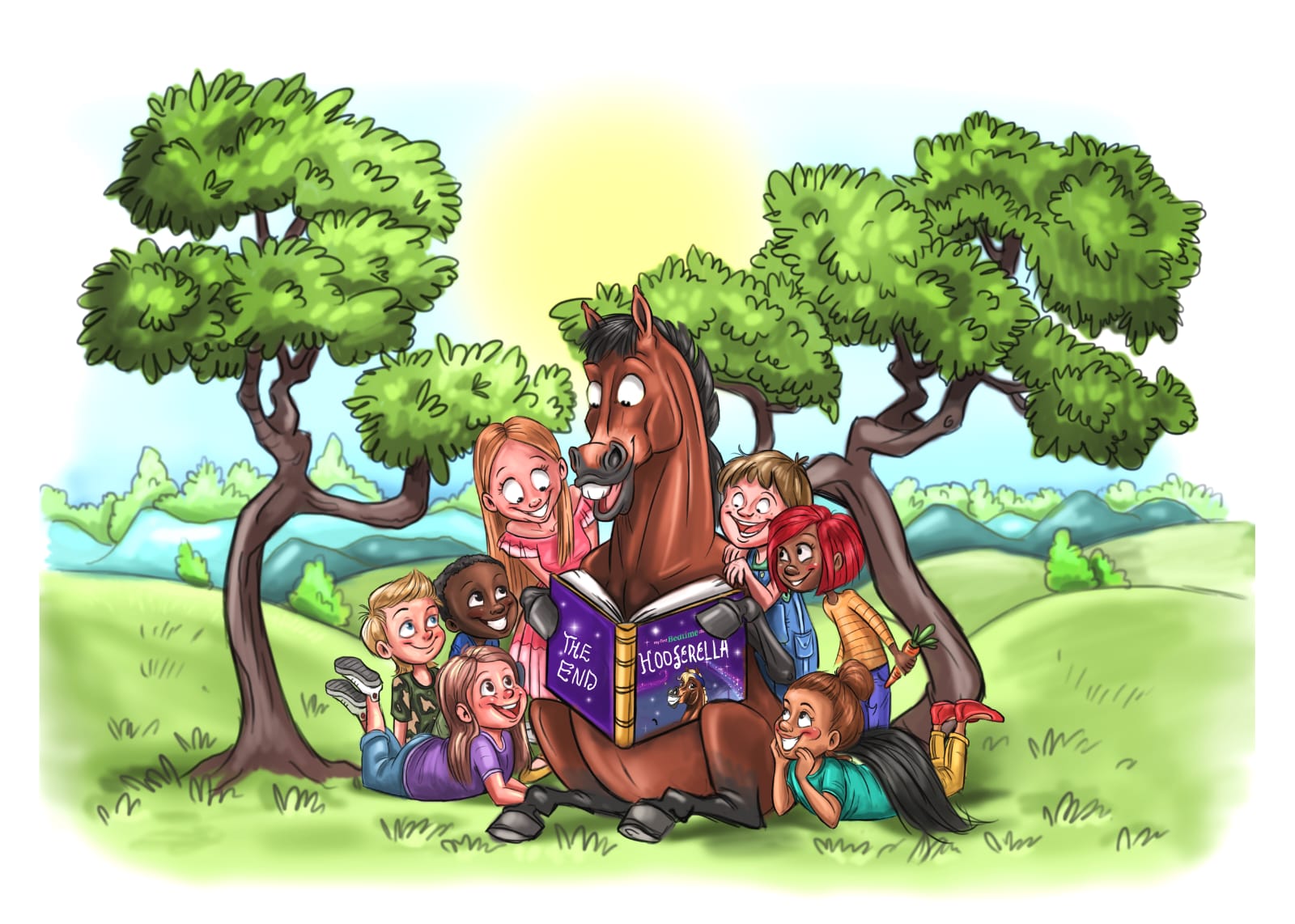 A cartoon bay horse and a laughing boy swinging side by side on tyre swings
